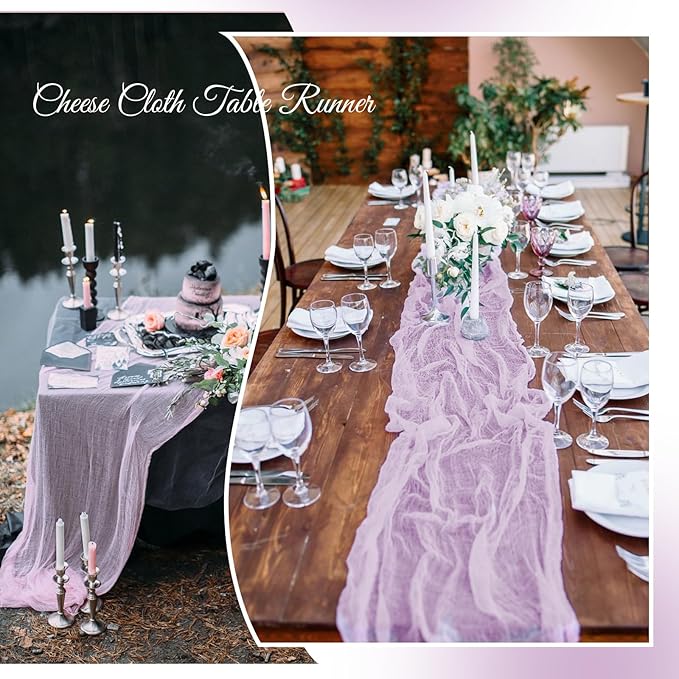 Aktor 12 Pack Lavender Cheesecloth Table Runner 10Ft Gauze Table Runner Boho Semi Sheer Cheese Cloth Fabric Runners for Wedding Birthday Baby Shower Party Table Decoration（Lavender）