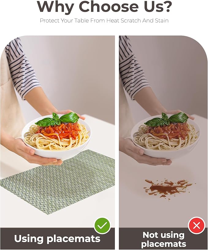 Leetaltree Green Placemats Set of 6 - Heat Resistant Non-Slip Place mats for Dining Table, Washable Durable PVC Vinyl Woven Table Mats（Green Zigzag, 6）