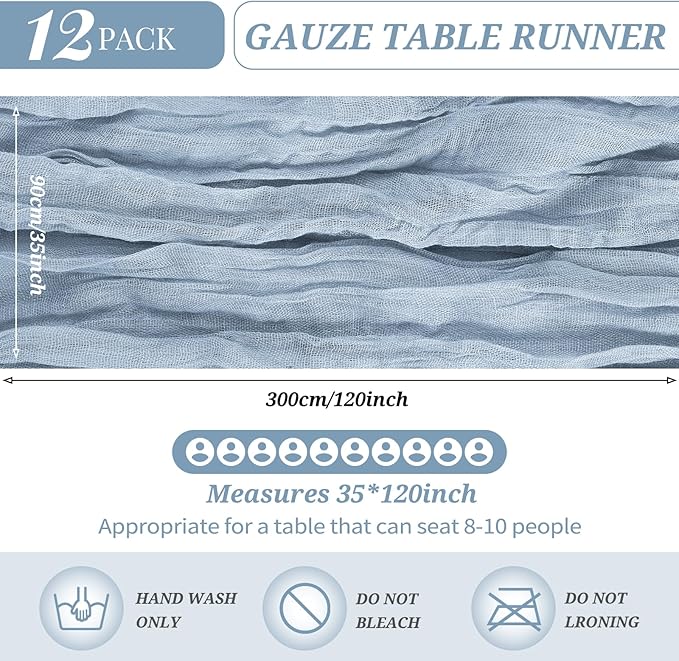 12 Pack Cheesecloth Table Runner 35 x 120 inch Long Boho Cheese Cloth Gauze Table Runners Semi Sheer Table Runner for Wedding Decor, Bridal Shower, Birthday Party (Dusty Blue)