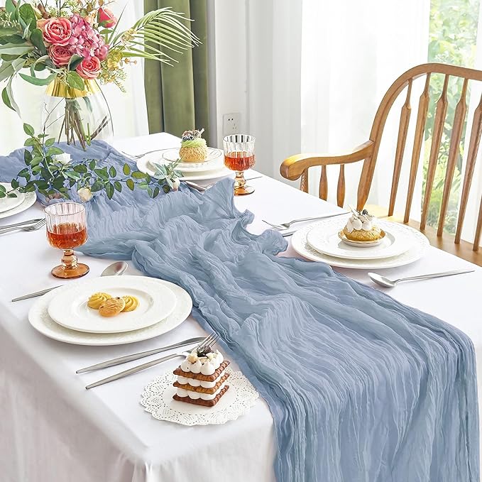 IVAPUPU 4 Pcs Cheesecloth Table Runner - 10ft Dusty Blue Boho Gauze Cheese Cloth Table Runners for Baby Shower Decoration Wedding Party Summer Garden Farmhouse