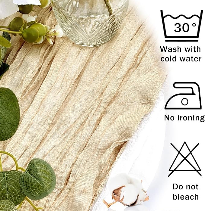 12 Pack Beige Cheesecloth Table Runner 22x120 Inch-Naturally Dyed Colors Sheer Gauze Cheese Cloth Wedding Brown Table Runner,Rustic Boho Crinkle Fabric, Reception, Bridal Shower,Farmhouse Dining Decor