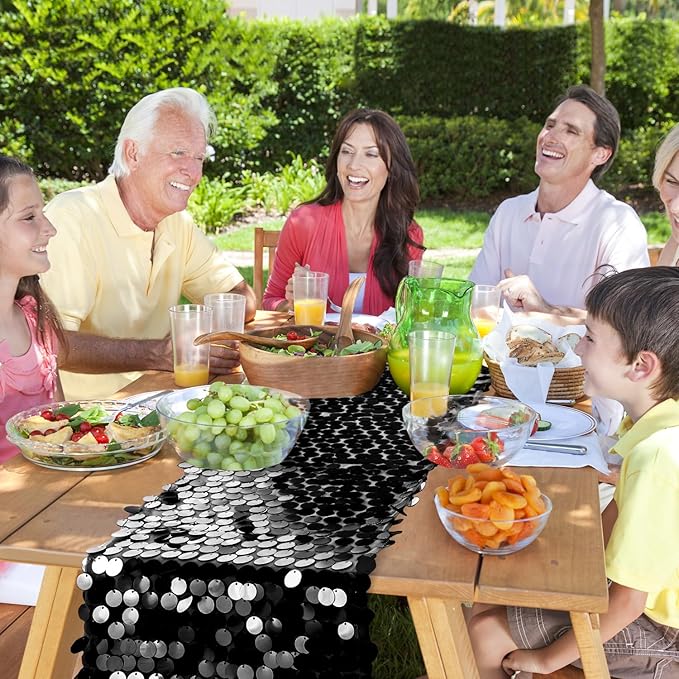 12 x 108 Inch Black Sequin Table Runner Glitter Rectangle Big Sequin Table Runner for Wedding Party Birthday Christmas Halloween Decoration (1 Pack)