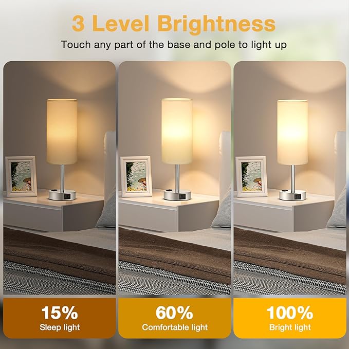 White Touch Nightstand Lamps Set - 3 Way Dimmable Bedside Table Lamp for Bedroom with USB Ports, Small Lamps with AC Outlet for Girls Dorm Nursery, Silver Base