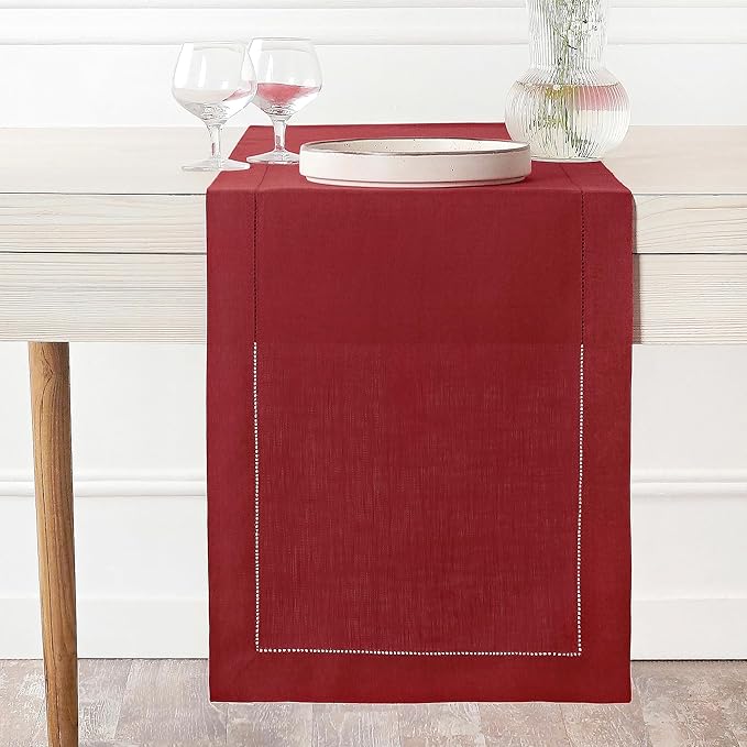 D'Moksha Homes Linen Table Runner 14 x 90 Inch - 100% Pure Linen Classic Hemstitch Red Table Runner - Machine Washable Farmhouse Table Runner for Christmas Decor, New Year