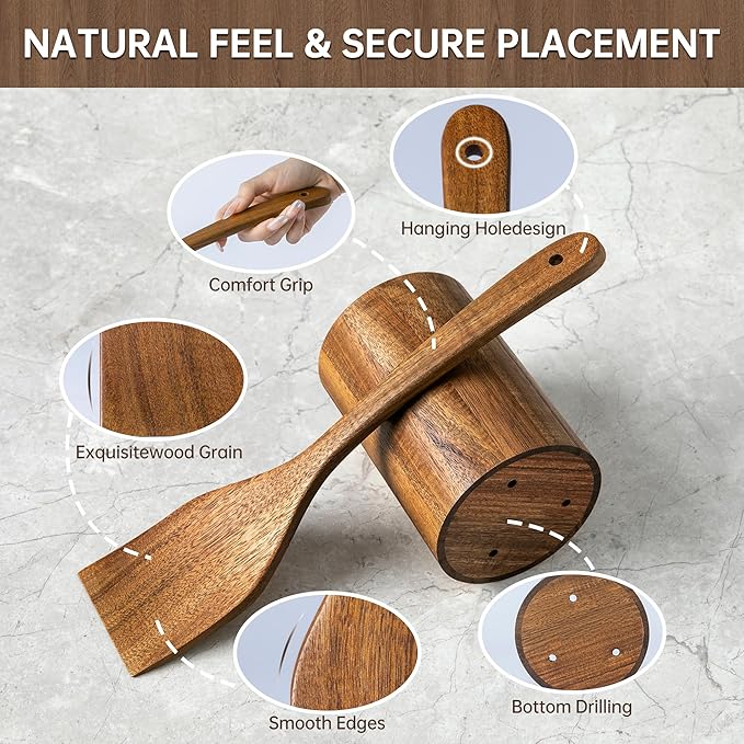 8 PCS Acacia Wooden Utensil Set with Holder, Spoon Rest, Durable Wooden Spoons for Cooking, Heat-Resistant, Comfort Grip,Easy to Clean, Non-stick Friendly, Ideal for Gifting