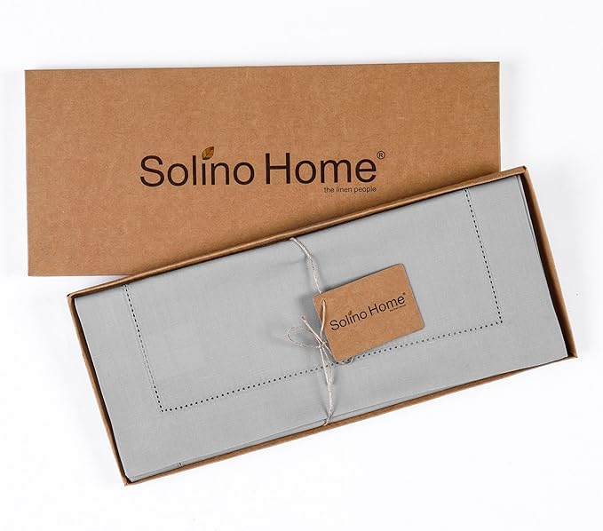Solino Home Cotton Linen Light Grey Table Runner 132 Inches Long - Hemstitch 14 x 132 Inch Table Runner