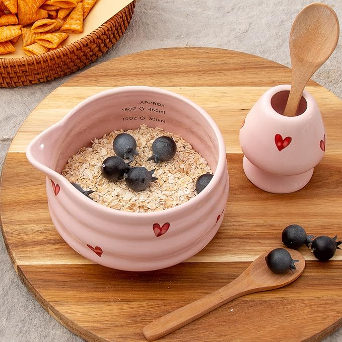 2pcs Matcha Bowl with Whisk Holder, Ceramic Pink Matcha Bowl with Spout, 16.5OZ Porcelain Bowl with Measurement Marks, Tea Mixing Bowl with Whisk Stand, Cute Matcha Gift Set (pink love)