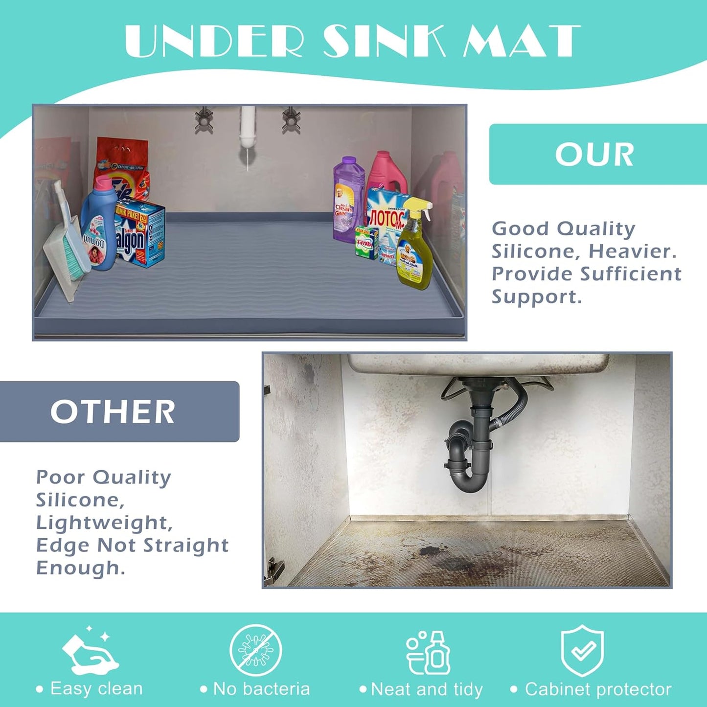 URMONA Waterproof Silicone Under Sink Mat 22'' x 14'' Shelf Liner for Kitchen and Bathroom, Cabinet and Counter Protector, Storage and Organizers, Litter Mat, Pet Cat Puppy Essentials(Light Grey)