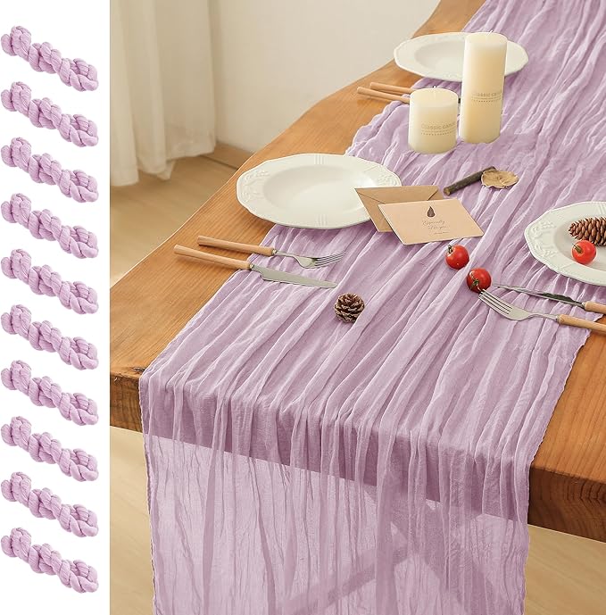 Leetaltree 10 Pack Lilac Cheesecloth Table Runner, 35x120 Inch Boho Rustic Cheese Cloth Table Runner, Decorative Table Runners for Bridal Baby Shower Decorations or Wedding Table Decorations