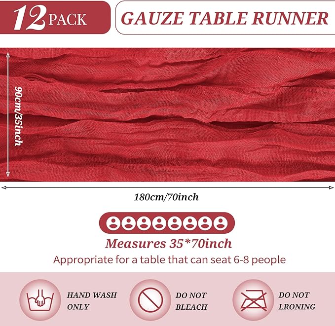 12 Pack Cheesecloth Table Runner 35 x 70 inch Long Boho Cheese Cloth Gauze Table Runners Semi Sheer Table Runner for Wedding Decor, Bridal Shower, Birthday Party (Red)
