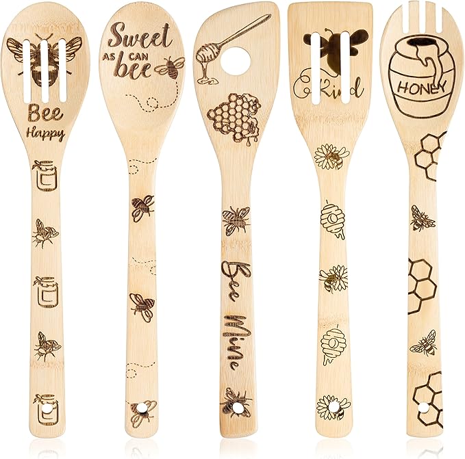 Eartim Bee Wooden Spoons Spatula Set - 5Pcs Bee Themed Cooking Utensil Natural Non-Stick Carve Burned Bamboo Spoon Slotted Spatula Cookware Kitchen Gadgets Housewarming Gift Chef Present Kitchen Decor