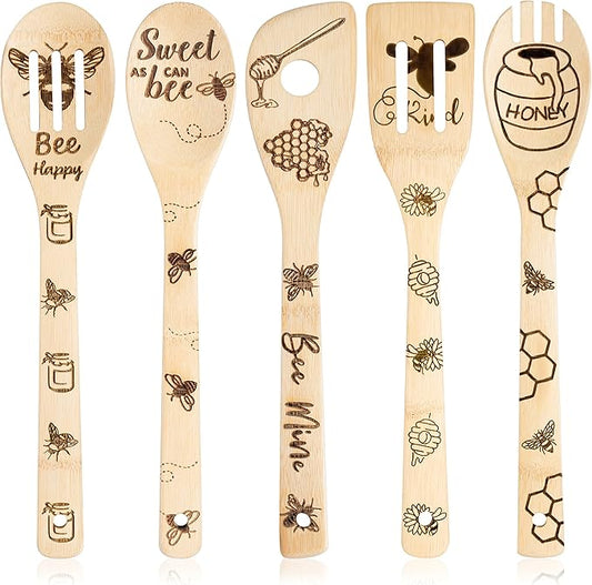 Eartim Bee Wooden Spoons Spatula Set - 5Pcs Bee Themed Cooking Utensil Natural Non-Stick Carve Burned Bamboo Spoon Slotted Spatula Cookware Kitchen Gadgets Housewarming Gift Chef Present Kitchen Decor