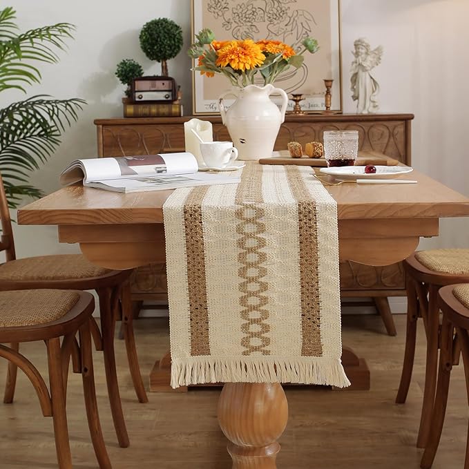 Niviy Boho Table Runner with Tassels 12 x 90 Inches Long, Cream & Brown Rustic Farmhouse Table Runner with Tassels for Home Kitchen Holiday Party and Wedding Decor Runner