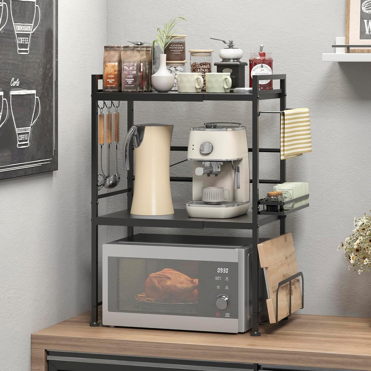 DOLALIKE Microwave Oven Rack, Expandable Microwave Stand Countertop Kitchen Utensils Tableware Storage, Carbon Steel Over Microwave Shelf Countertop with 6 Hooks