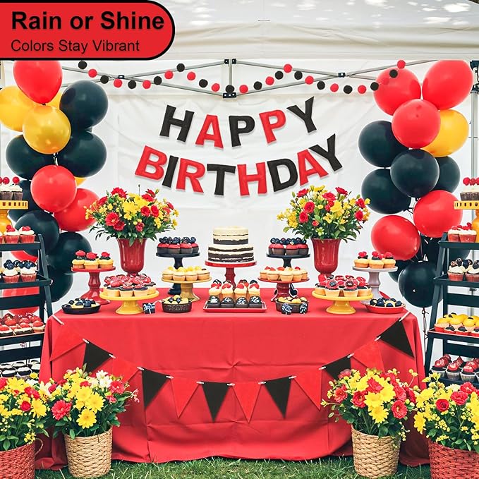 Pre-Strung Happy Birthday Banner & Felt Garland Set - Red & Black Birthday Decorations for Women Men Boys Girls | Reusable Party Supplies for Indoor & Outdoor