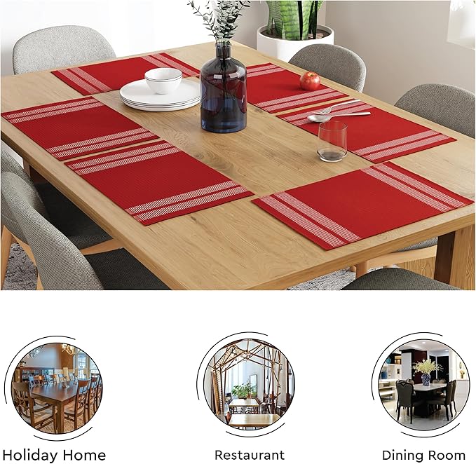 Encasa XO Dining Placemat Set of 6 | Solid Ladder Red Color | Fine Ribbed Cotton Table mat | Size 18x13 in |for Dining Table Fall Decoration, Holiday & Christmas Festivals - Machine Washable