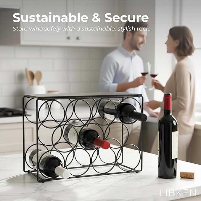 Countertop Wine Rack – Black Powder Coated Metal Wine Holder, Minimal Scandinavian Design – Modern Geometric Small Wine Rack for Countertop, Cabinet, or Tabletop Storage, Fits 11 Bottles