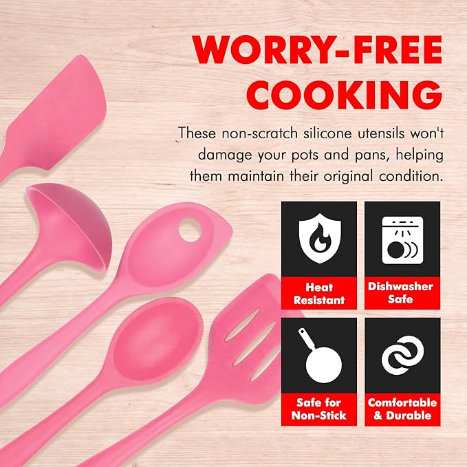 Chef Craft - Premium Silicone Kitchen Tools and Utensils Set, Non-Scratch, Withstands Temperatures up to 450°F, BPA-Free, 5 Piece Cooking Utensils Set, Pink