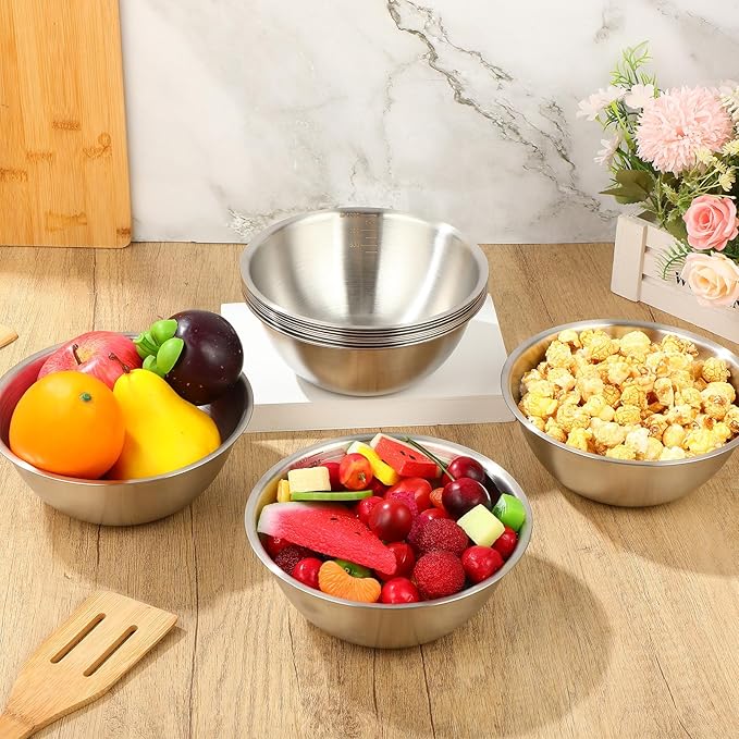 Honeydak 6 Pcs 304 Stainless Steel Mixing Bowls with Graduations, Salad Bowls Metal Serving Reusable Baking Food Storage Containers for Baking Cooking Salads Soups Ice Cream Noodles (101 oz)