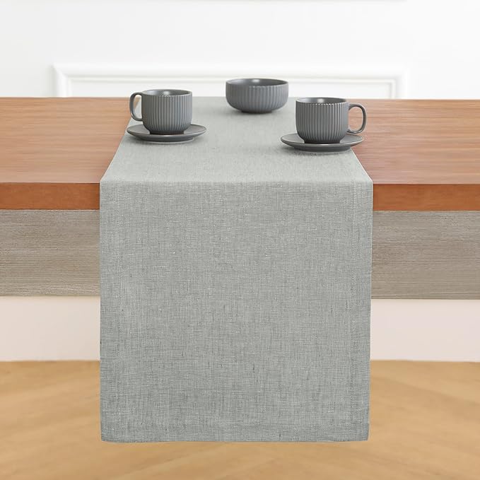 Solino Home Linen Table Runner 48 Inches - 100% Pure Linen Chambray Grey Table Runner 14 x 48 Inch Ideal for Dresser and Coffee Tables - Athena