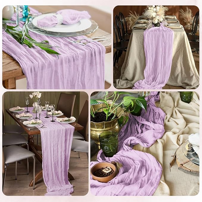 12 Pack Lavender Cheesecloth Table Runner 17x108 Inch Semi Sheer Boho Gauze Cheese Cloth Fabric Table Runners, for Wedding Party Baby Shower Birthday Home Decor Garden Farmhouse