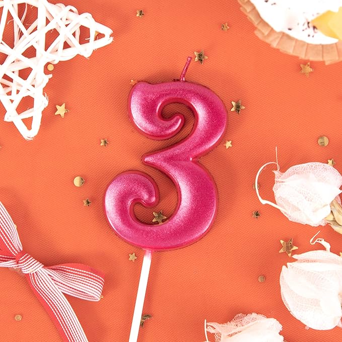 PHD CAKE 2.76 Inch Elegant Red 3 Number Birthday Candles, Red Number Candles, Cake Number Candles, Party Celebration