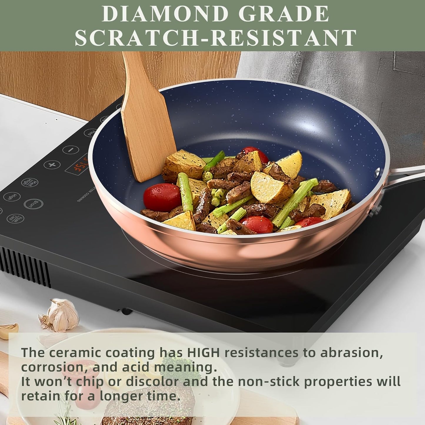 Nuwave 7pc Cookware Set Healthy Duralon Blue Ceramic Nonstick Coated, Diamond Infused Scratch-Resistant, PFAS Free, Oven Safe, Induction Ready & Evenly Heats, Tempered Glass Lids & Stay-Cool Handle