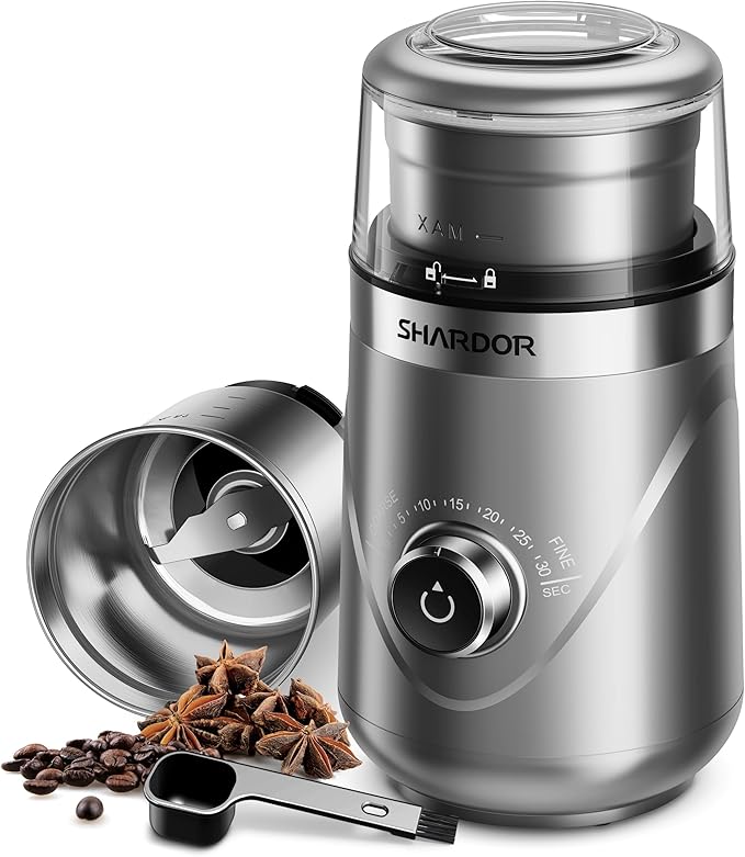 SHARDOR Electric Super Silent Blade Coffee Grinder, Timed Grind Control Rotary Knob, Adjustable Coarse to Fine for Coffee Beans, Spices & Herbs, with 1 Removable Stainless Steel Bowl, Sliver