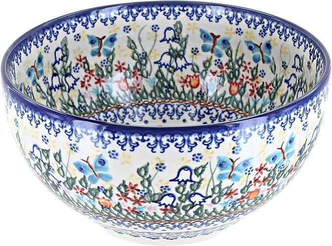 Blue Rose Polish Pottery - Blue Garden of Eden Medium Mixing Bowl - 6 Cup Capacity - Polish Pottery Ceramic Bowl for Baking, Mixing & Serving