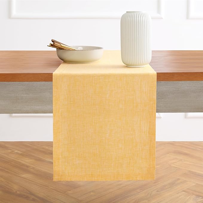 Solino Home Linen Table Runner 108 Inches Long - Athena, 100% Pure Linen Chambray Mustard Yellow Table Runner 14 x 108 Inch for Dining