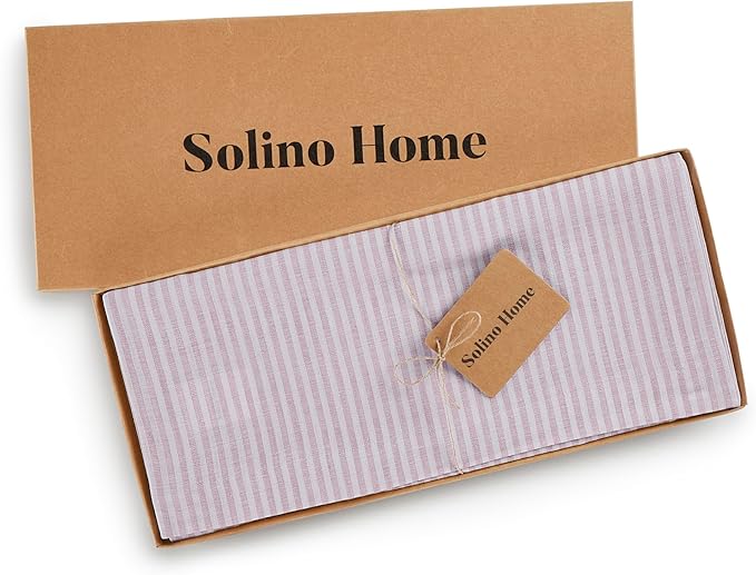 Solino Home Linen Table Runner 108 Inches Long - Narrow Stripe, 100% Pure Linen Pink and White Table Runner 14 x 108 Inch for Dining, Christmas