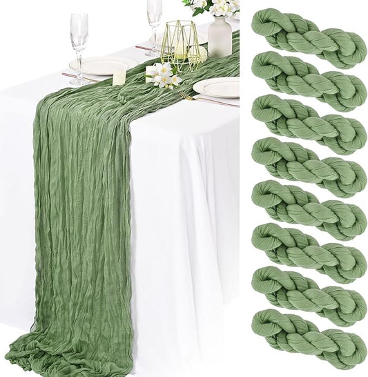 8 Packs Cheesecloth Table Runner 10FT Long Boho Gauze Fabric Table Runner Vintage Rustic Sheer Runners for Wedding Party Bridal Baby Shower Table Decorations (Sage Green)