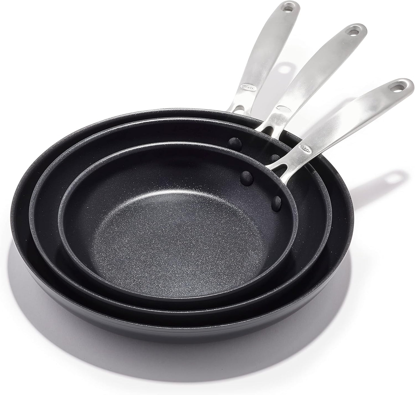 OXO Enhanced, 8" 10" and 12" 3 Piece Frying Pan Skillet Set, Healthy Ceramic Nonstick, PFAS-Free, Stainless Steel Handle, Dishwasher Safe, Oven Safe, Black