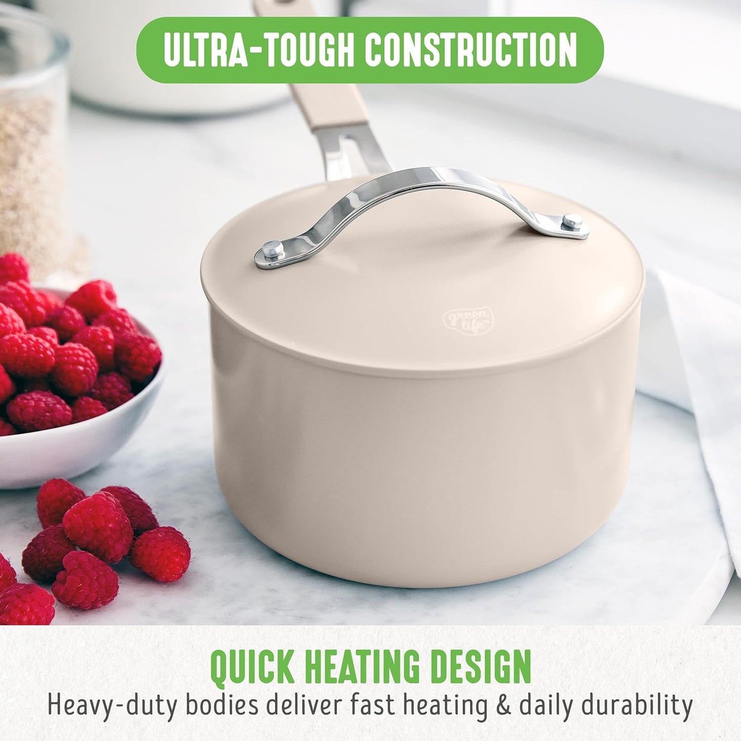 GreenLife 2 Quart Nonstick Saucepan with Lid, Lightweight Healthy PFAS-Free Milk Pan, Dishwasher & Oven Safe Soup Pan, Durable Body, Silicone Stay-Cool Handle, Easy Release Chef’s Pan, Taupe