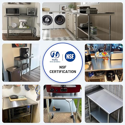 Hally Stainless Steel Table for Prep & Work 18 x 60 Inches, NSF Commercial Heavy Duty Table with Undershelf and Backsplash for Restaurant, Home and Hotel