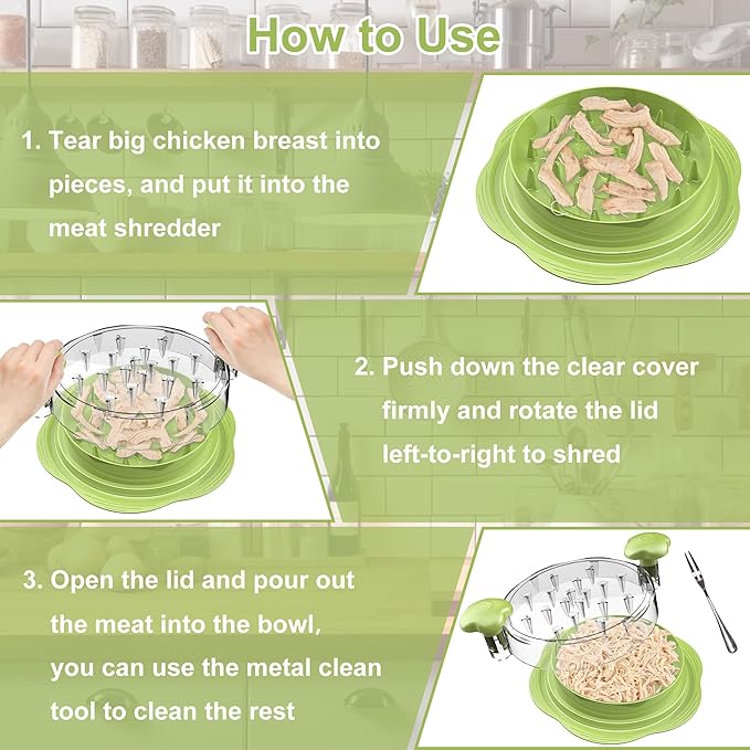 Chicken Shredder Large Chicken Breast Shredder Tool Twist with Brush&Fork, Visible Meat Shredder Machine, Anti-Slip Strip, Ergonomic Handle, BPA Free, Pork Beef Chicken(Matcha)