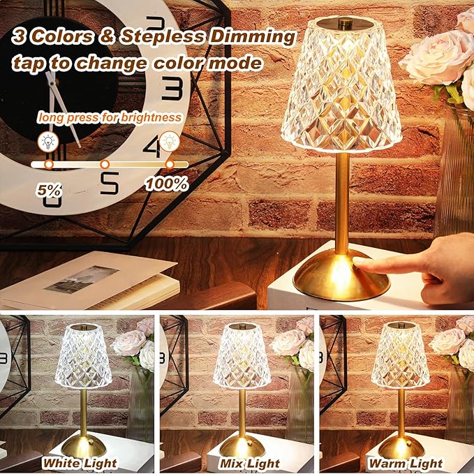 Liliful 4 Pcs Cordless Table Lamp Rechargeable Touch LED Small Gold Portable Battery Operated USB-c Desk Lamp 3 Color Dimmable for Bedroom Living Room Dining (Gold,Diamond Style)