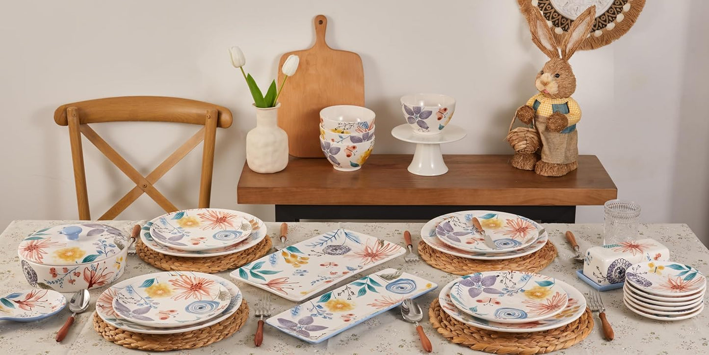 Bico Blossom Symphony Ceramic 14 inch Rectangular Serving Platter, Set of 2, for Serving Salad, Pasta, Cheese, Ham, Appetizer, Microwave & Dishwasher Safe