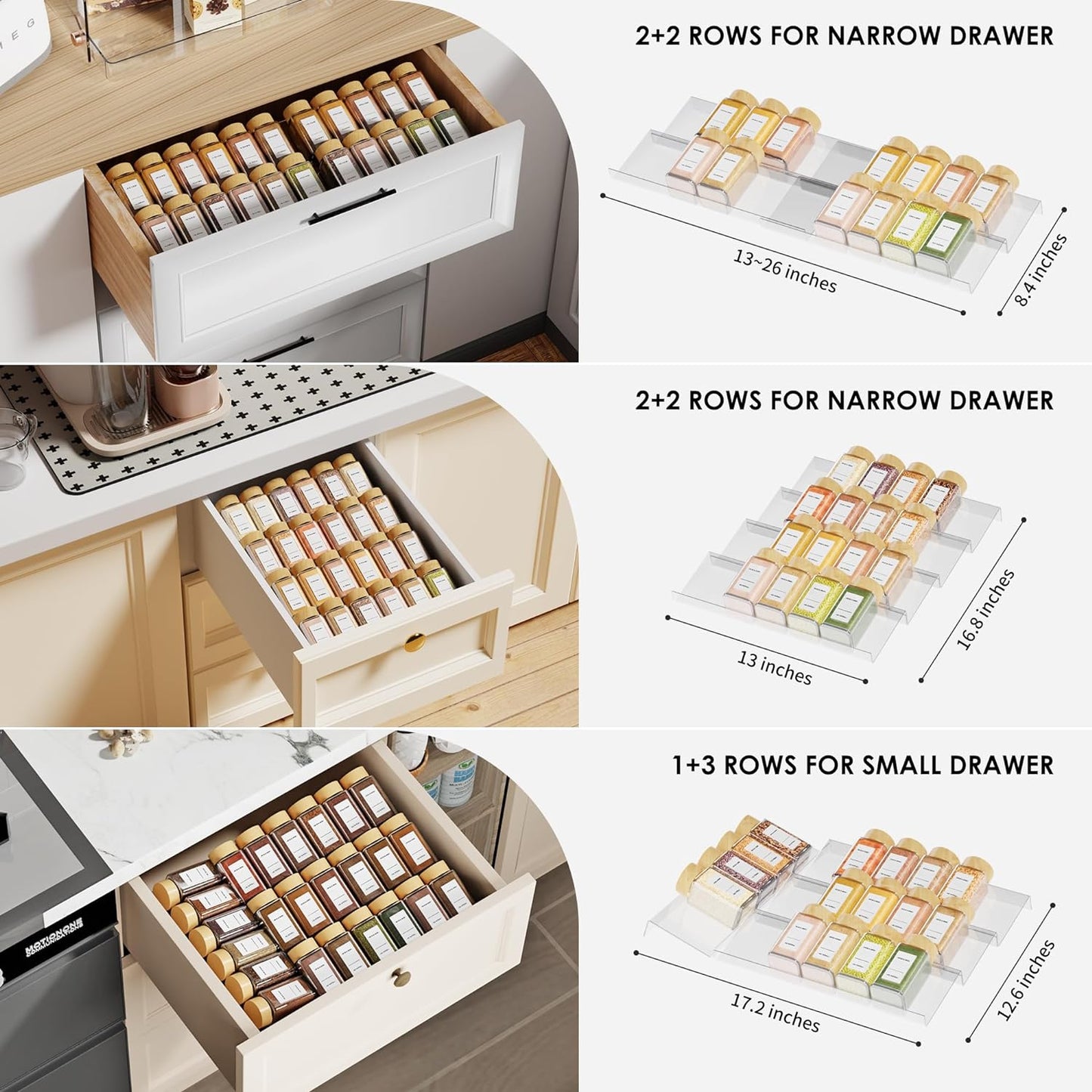 Spice Drawer Organizer, 4 Tier Clear Acrylic Expandable From 13" to 26" Seasoning Jars Drawer Insert, Kitchen Drawer Spice Rack Tray for Cabinet/Countertop