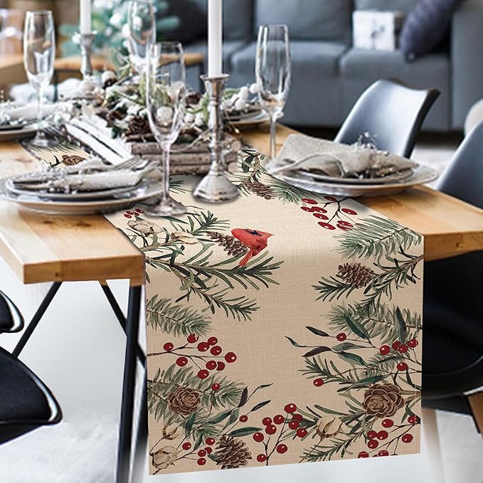Seliem Winter Pine Needle Branches Table Runner, Pine Cone Cardinal Red Birds Berry Farmhouse Kitchen Dining Table Decor, Christmas Holiday Home Decoration Indoor Outdoor Party Supply 13 x 72 Inches