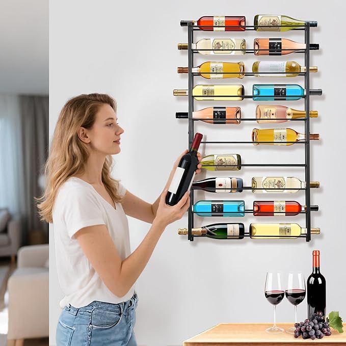 FLstudio Wall Mount Wine Rack: 20 Bottle Wall Wine Rack - Large Wine Storage Organizer Display Holder, Black Metal Wine Bottle Shelf for Bar, Kitchen, Cellar, Dining Room