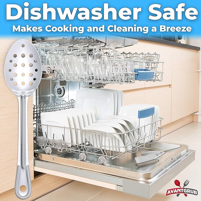 Super Strong, Ergonomic 11 in Serving Spoon 3 Pk. Big, Perforated Stainless Steel Spoons for Cooking, Baking and Basting. Best Kitchen Flatware for Buffet and Banquet Service in Restaurants and Homes