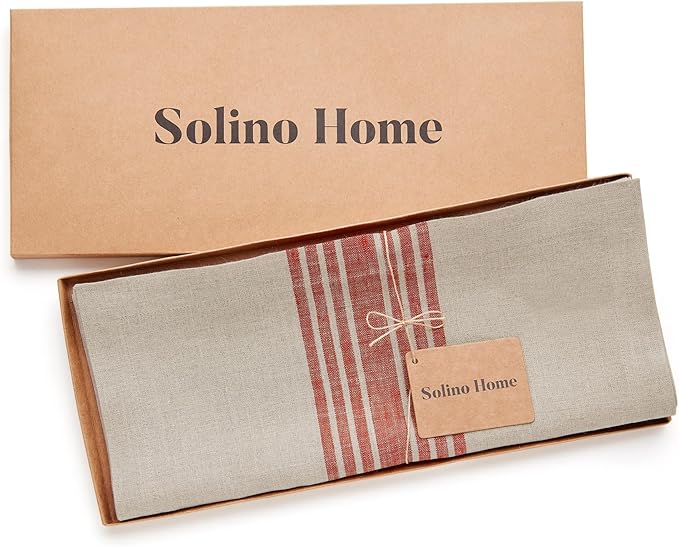 Solino Home Linen Table Runner 120 Inches Long - 100% Pure Linen Farmhouse Red and Natural Table Runner 14 x 120 Inch Ideal for Dining, Christmas, Holiday, Winter, New Year
