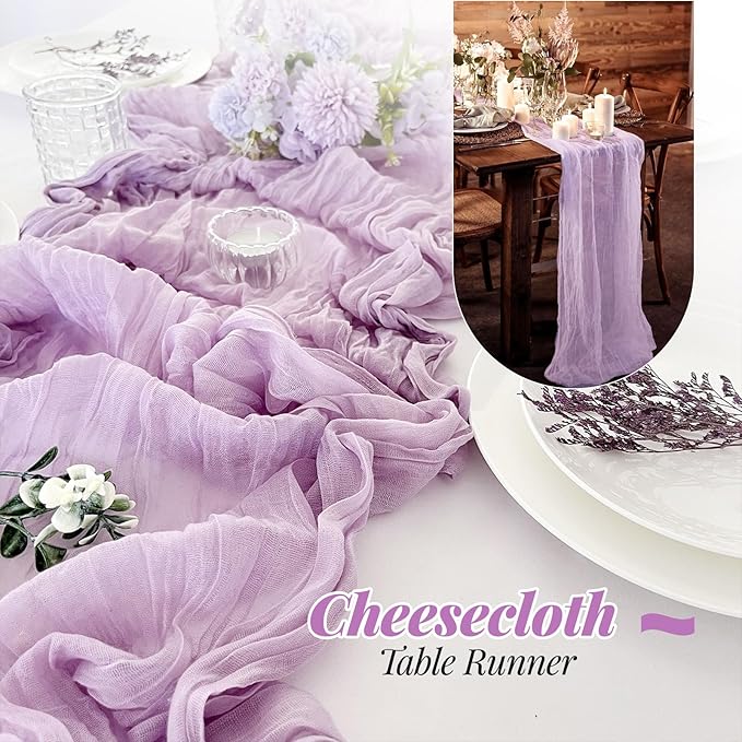 Aktor 6 Pack Lavender Cheesecloth Table Runner 10Ft Gauze Table Runner Boho Semi Sheer Cheese Cloth Fabric Runners for Wedding Birthday Baby Shower Party Table Decoration（Lavender）