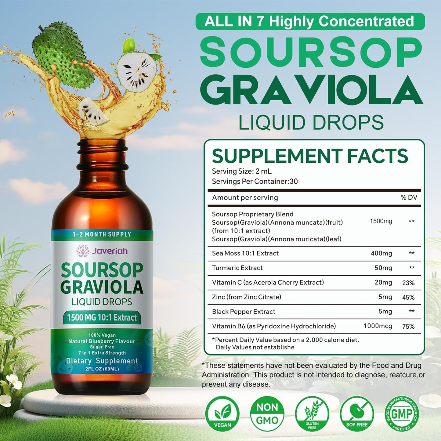 Soursop Graviola Liquid Drops Supplement with Sea Moss Extract, Soursop Bitters Liquid for Cell Support & Regeneration, Immunity, Liver, Antioxidant, Graviola Leaves Extract 2 Month Supply 60ML