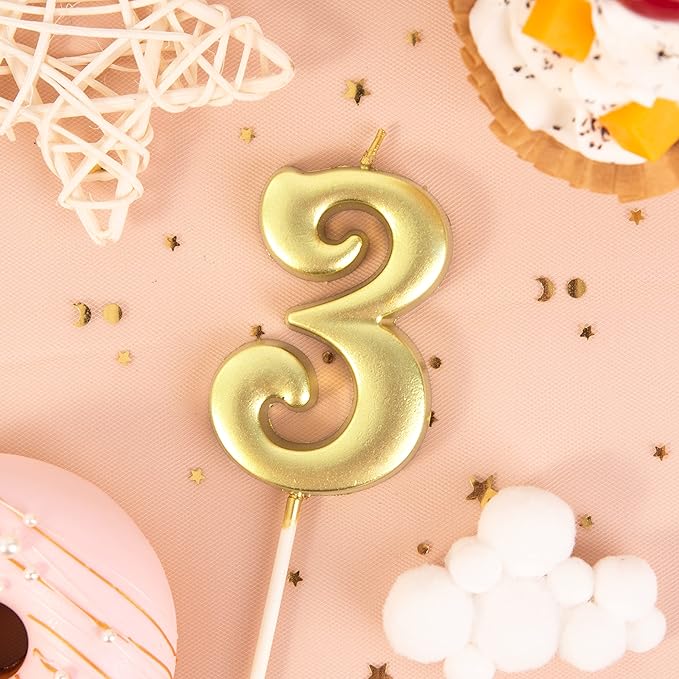 PHD CAKE 2.76 Inch Elegant Gold 3 Number Birthday Candles, Gold Number Candles, Cake Number Candles, Party Celebration