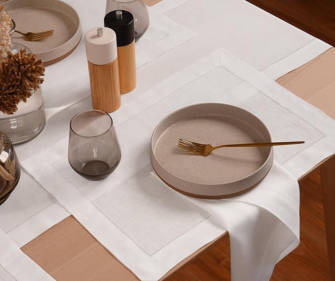 Home Ekaa 100% Pure Linen White Placemats 14 x 19 Inch- Hemstitch Cloth Placemats Set of 4 - for Christmas, Winter, Fall, Holiday & New Year - Elara