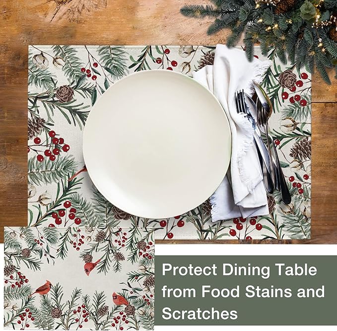 Seliem Winter Cardinal Birds Placemats Set of 4, Red Berries Branch Pine Cone Cotton Vintage Dining Table Place Mats, Seasonal Christmas Holiday Kitchen Decor Home Decoration 12 x 18 Inch