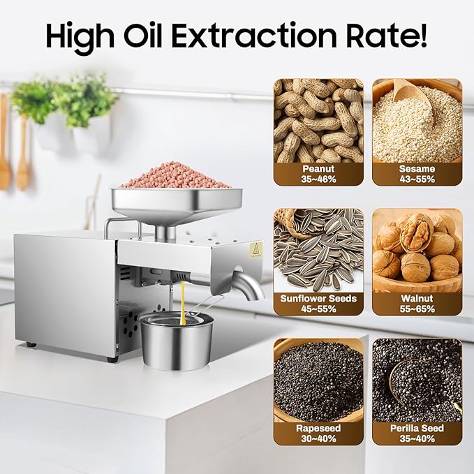 Commercial Oil Press Machine, 610W Hot/Cold Electric Automatic Oil Extractor W/Intelligent Temperature Control for Home and Kitchen - SUS304 stainless steel