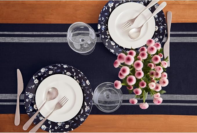 Solino Home Striped Linen Table Runner 108 Inches Long - French Stripe 100% Pure Linen White and Navy Dining Table Runner 14 x 108 Inch for Christmas, Holiday, Winter, New Year